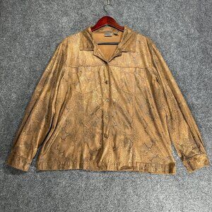 Chicos Top Womens XL Brown Faux Suede Animal Print Blouse Button Up Collar Pocke